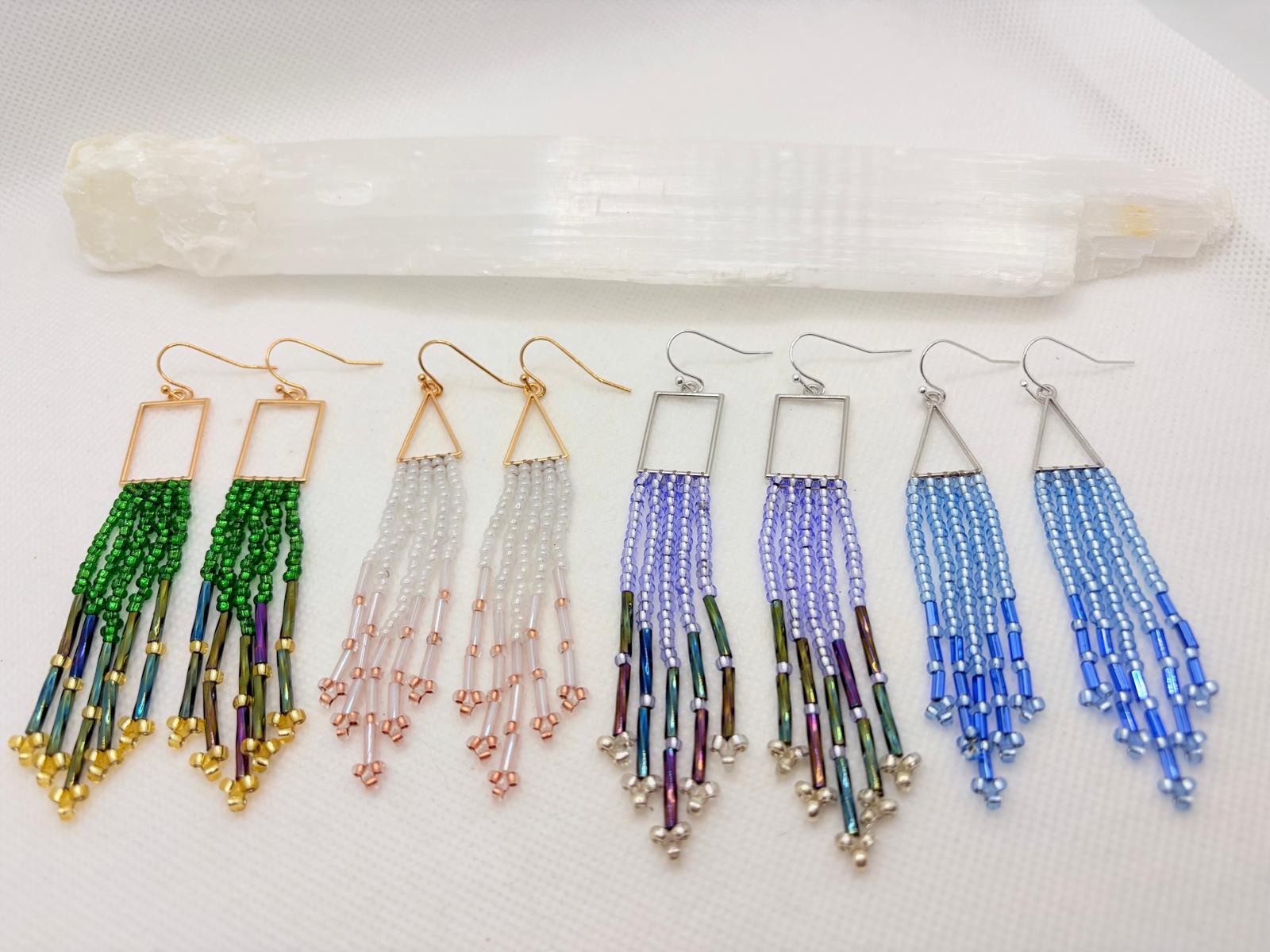 Beaded fringe earrings in green, blush, lilac and blue with geometric frames