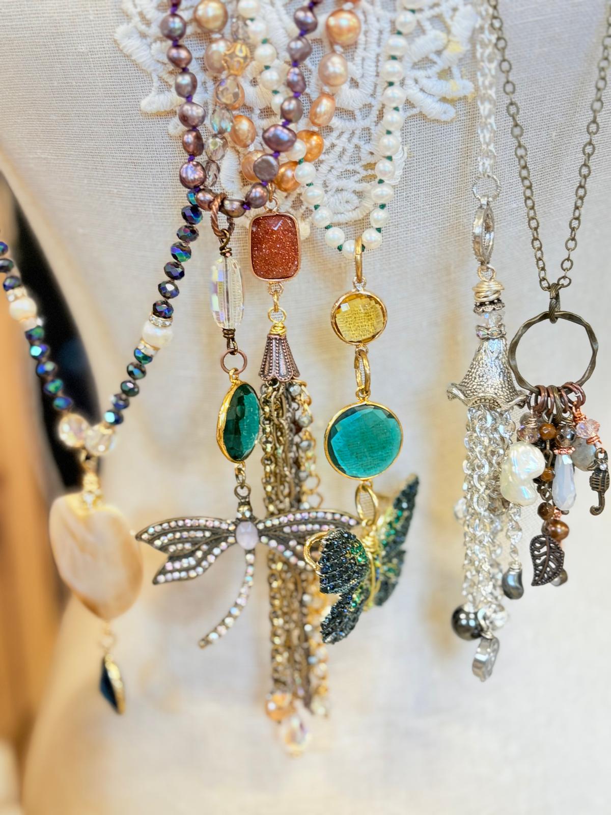 Collection of mixed gemstone and pearl tassel pendant necklaces